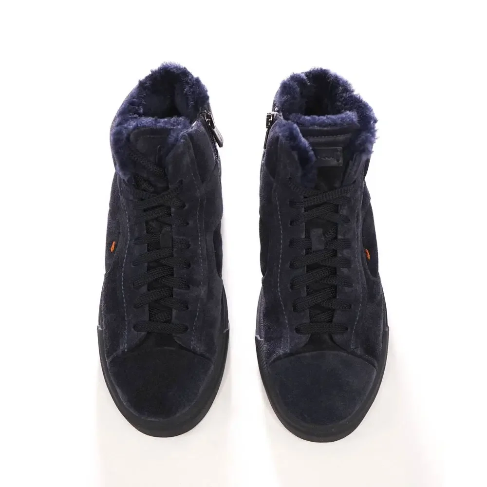 $860 SANTONI - Navy Blue Suede Shearling Lined Sneakers - US 8 (7UK)